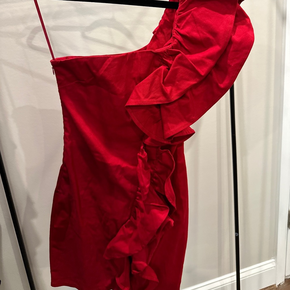 One Shoulder Ruffle Red Mini Dress - Picture 3 of 6